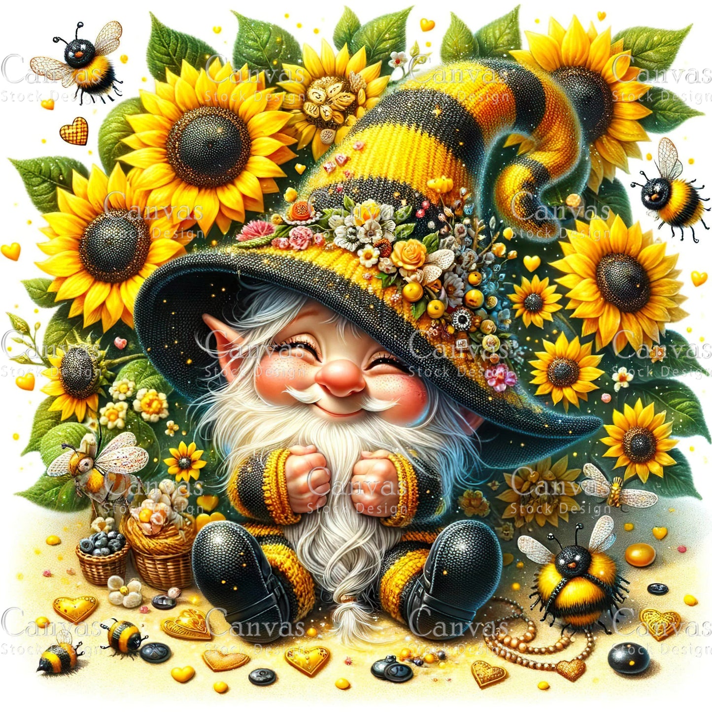 Watercolor Sunflower Gnome, Garden Gnome, Spring Gnome, Summer Gnome, Elf Clipart, Spring Clipart, Fantasy Clipart