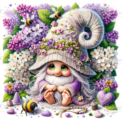 Watercolor Lilac Gnome, Garden Gnome, Flower Gnome, Spring Gnome, Summer Gnome, Elf Clipart, Spring Clipart, Fantasy Clipart