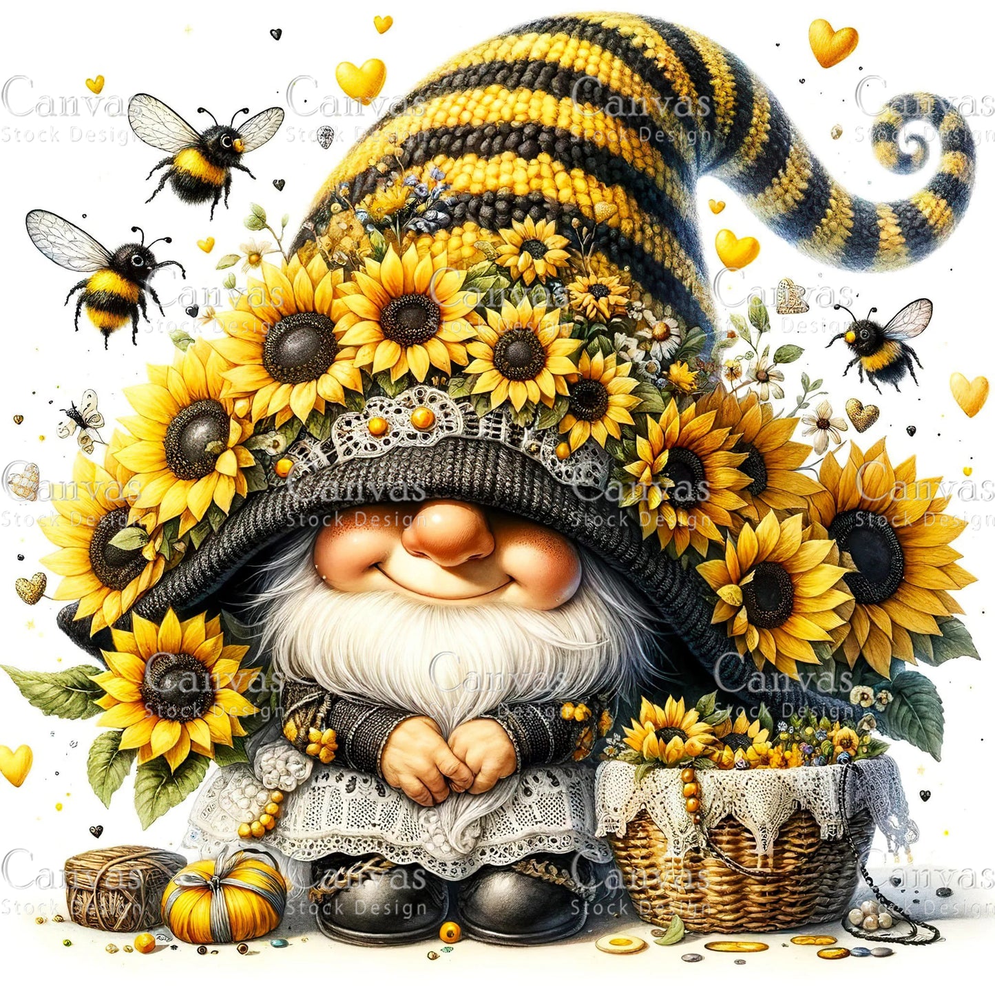 Watercolor Sunflower Gnome, Garden Gnome, Spring Gnome, Summer Gnome, Elf Clipart, Spring Clipart, Fantasy Clipart