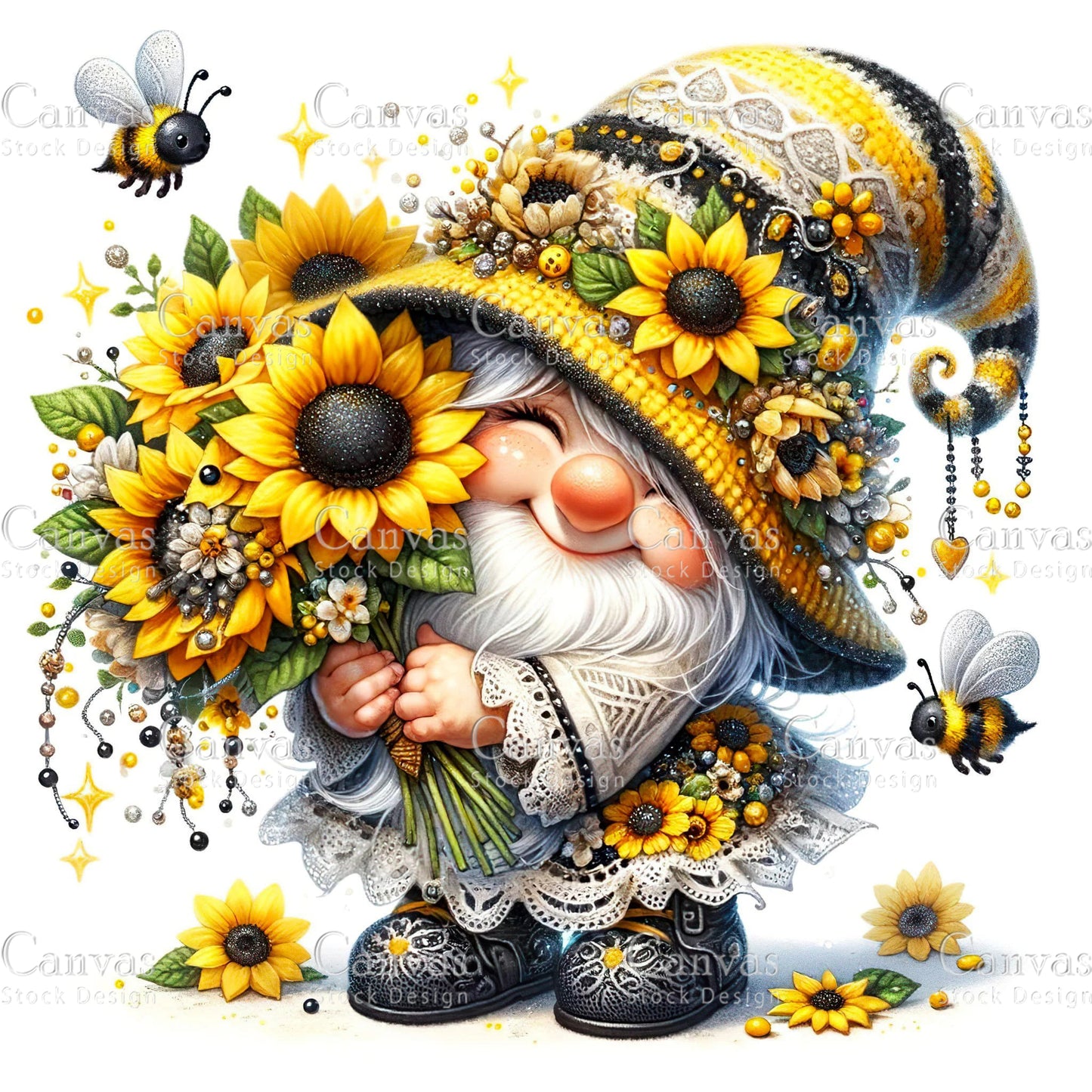 Watercolor Sunflower Gnome, Garden Gnome, Spring Gnome, Summer Gnome, Elf Clipart, Spring Clipart, Fantasy Clipart