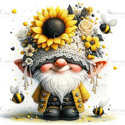 Watercolor Sunflower Gnome, Garden Gnome, Spring Gnome, Summer Gnome, Elf Clipart, Spring Clipart, Fantasy Clipart