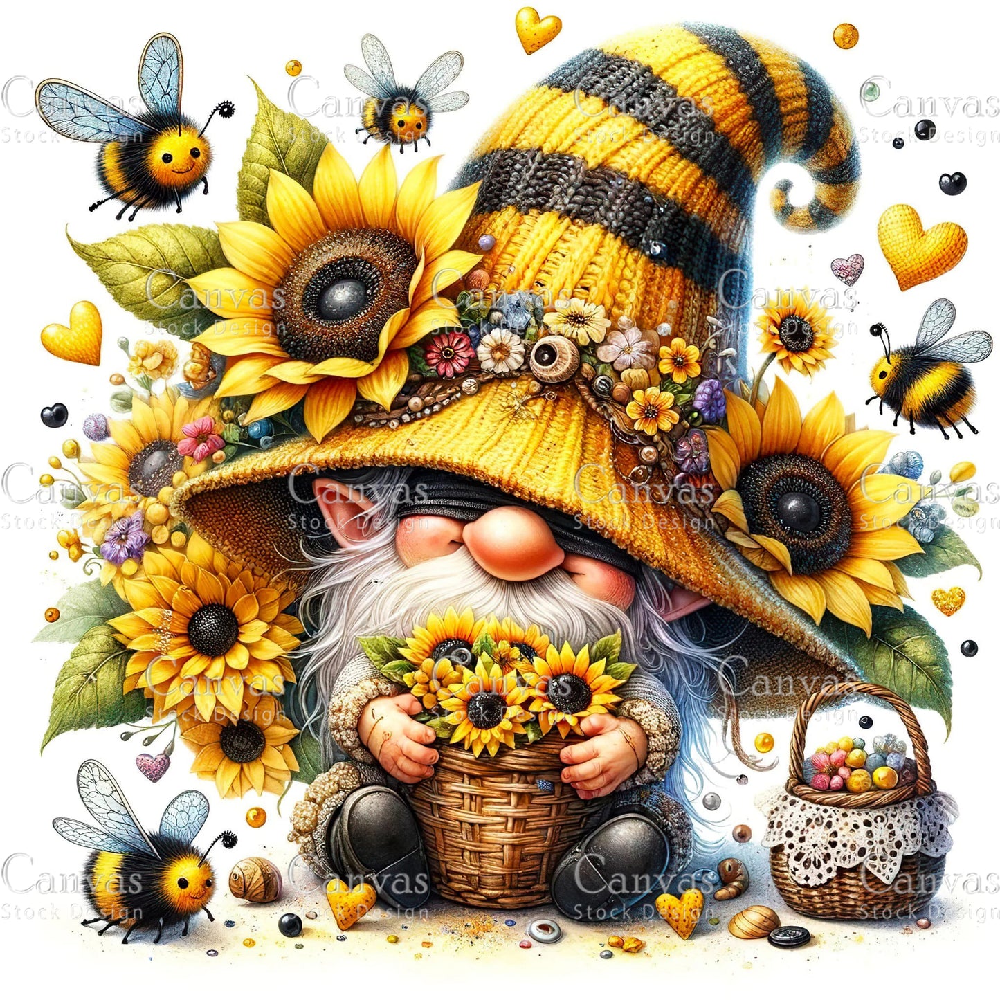 Watercolor Sunflower Gnome, Garden Gnome, Spring Gnome, Summer Gnome, Elf Clipart, Spring Clipart, Fantasy Clipart