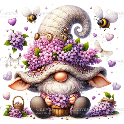 Watercolor Lilac Gnome, Garden Gnome, Flower Gnome, Spring Gnome, Summer Gnome, Elf Clipart, Spring Clipart, Fantasy Clipart