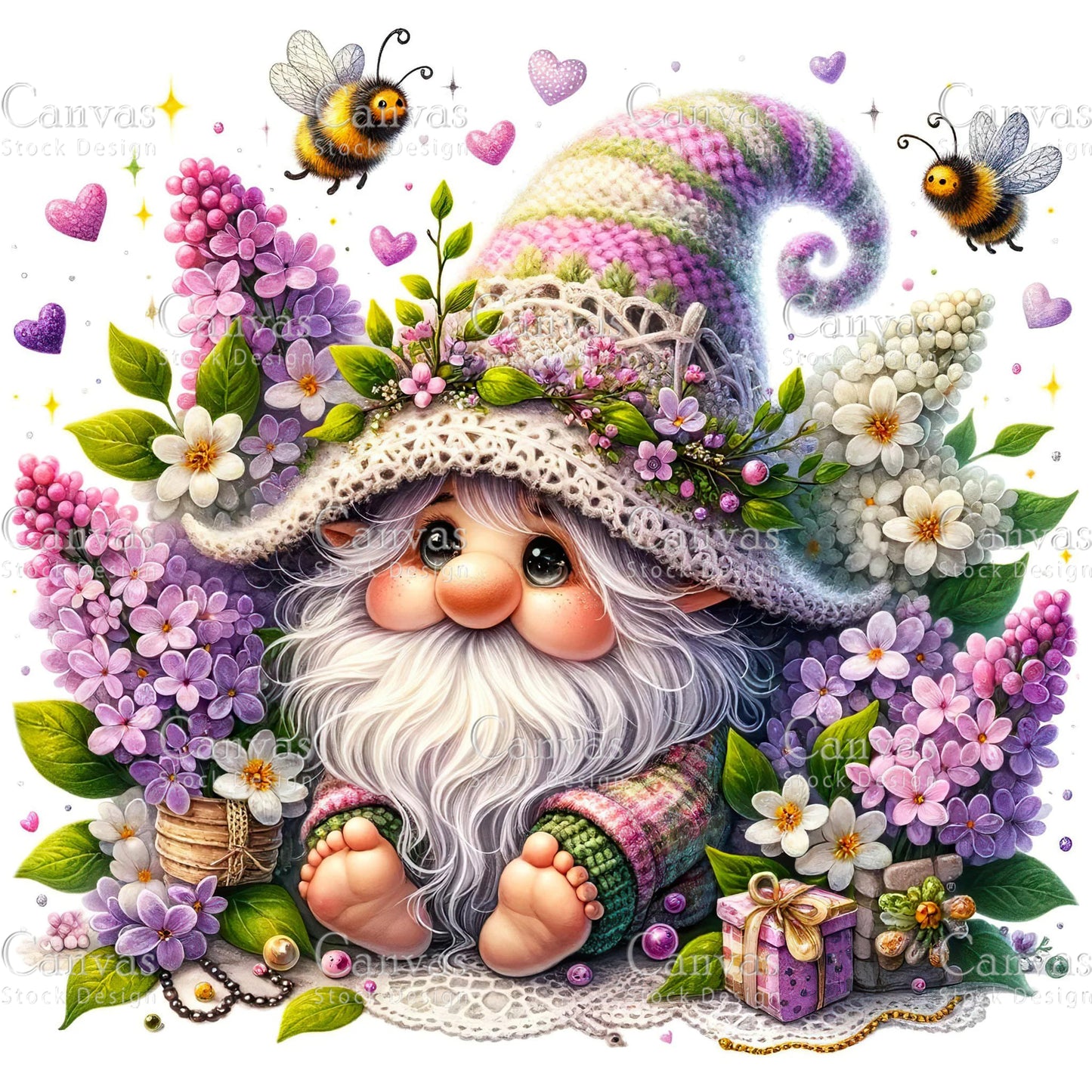 Watercolor Lilac Gnome, Garden Gnome, Flower Gnome, Spring Gnome, Summer Gnome, Elf Clipart, Spring Clipart, Fantasy Clipart