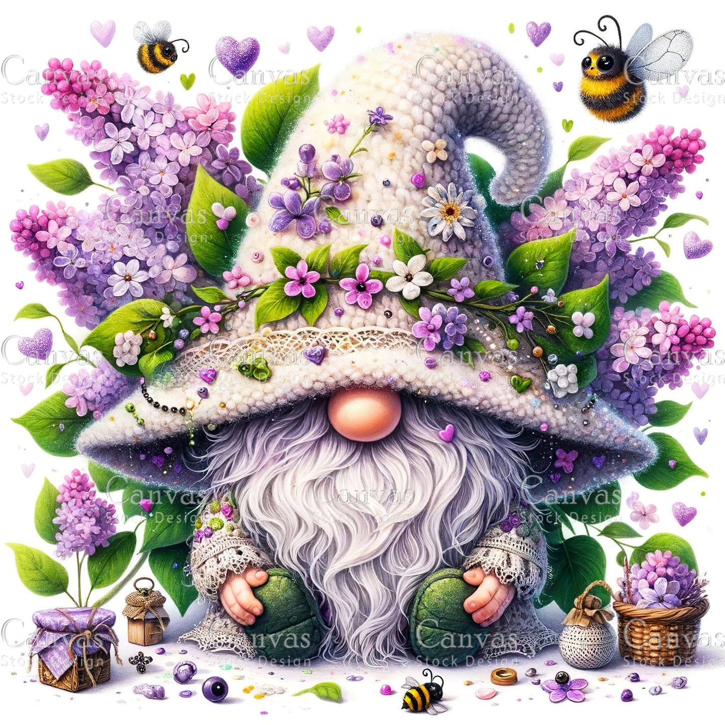 Watercolor Lilac Gnome, Garden Gnome, Flower Gnome, Spring Gnome, Summer Gnome, Elf Clipart, Spring Clipart, Fantasy Clipart