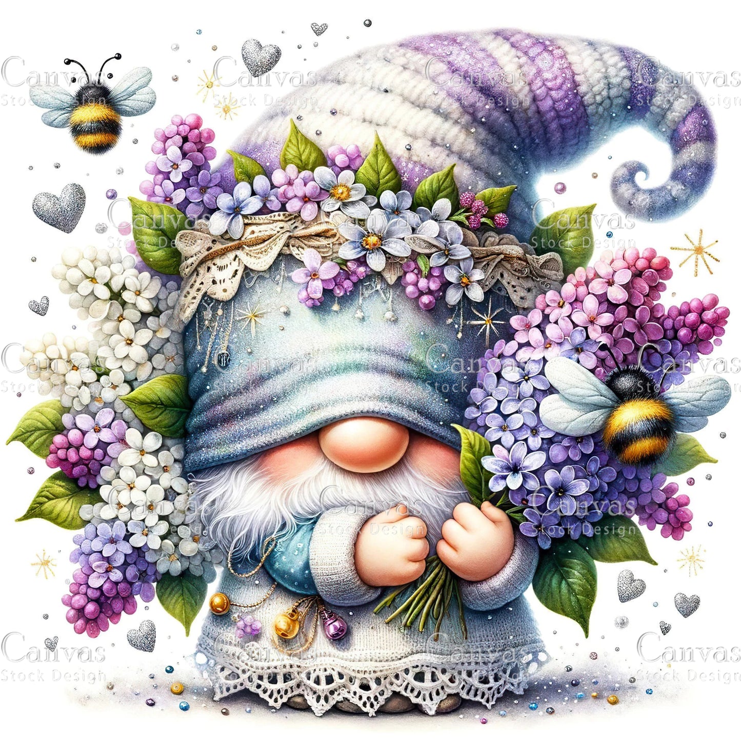 Watercolor Lilac Gnome, Garden Gnome, Flower Gnome, Spring Gnome, Summer Gnome, Elf Clipart, Spring Clipart, Fantasy Clipart