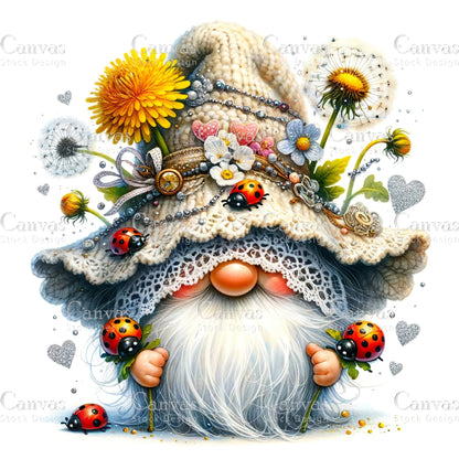 Watercolor Dandelion Gnome, Garden Gnome, Spring Gnome, Summer Gnome, Flower Gnome, Watercolour Clipart, Fantasy Clipart