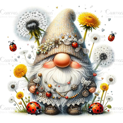 Watercolor Dandelion Gnome, Garden Gnome, Spring Gnome, Summer Gnome, Flower Gnome, Watercolour Clipart, Fantasy Clipart