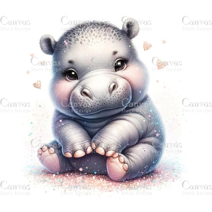 Watercolour Hippo Clipart, Baby Animals, Animal Clipart, Watercolor Animals, Animal Stickers, Summer Clipart, Fantasy Clipart