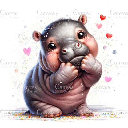 Watercolour Hippo Clipart, Baby Animals, Animal Clipart, Watercolor Animals, Animal Stickers, Summer Clipart, Fantasy Clipart