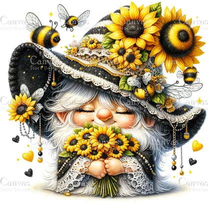 Watercolor Sunflower Gnome, Garden Gnome, Spring Gnome, Summer Gnome, Elf Clipart, Spring Clipart, Fantasy Clipart