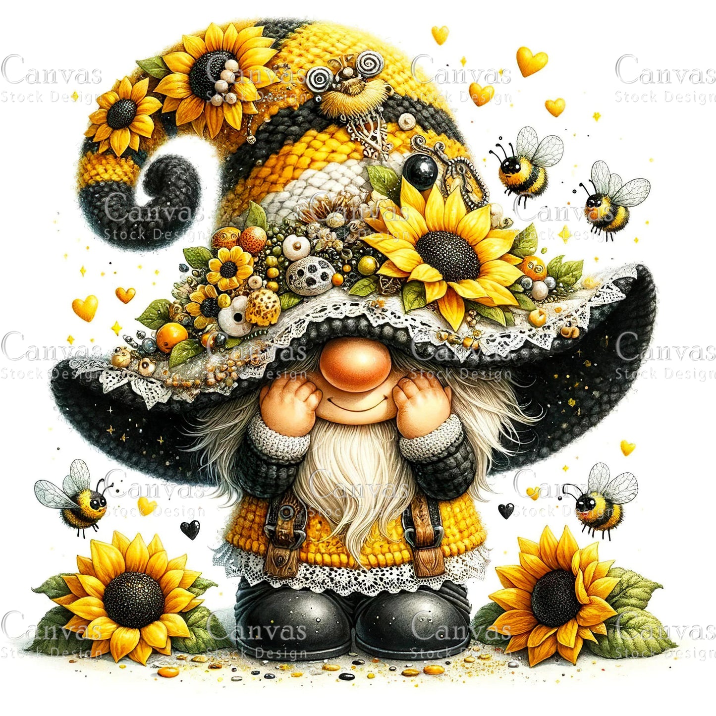 Watercolor Sunflower Gnome, Garden Gnome, Spring Gnome, Summer Gnome, Elf Clipart, Spring Clipart, Fantasy Clipart