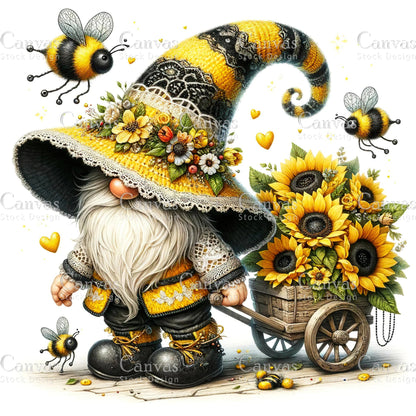 Watercolor Sunflower Gnome, Garden Gnome, Spring Gnome, Summer Gnome, Elf Clipart, Spring Clipart, Fantasy Clipart