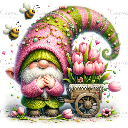 Watercolor Tulip Gnome, Garden Gnome, Flower Gnome, Spring Gnome, Summer Gnome, Elf Clipart, Spring Clipart, Fantasy Clipart