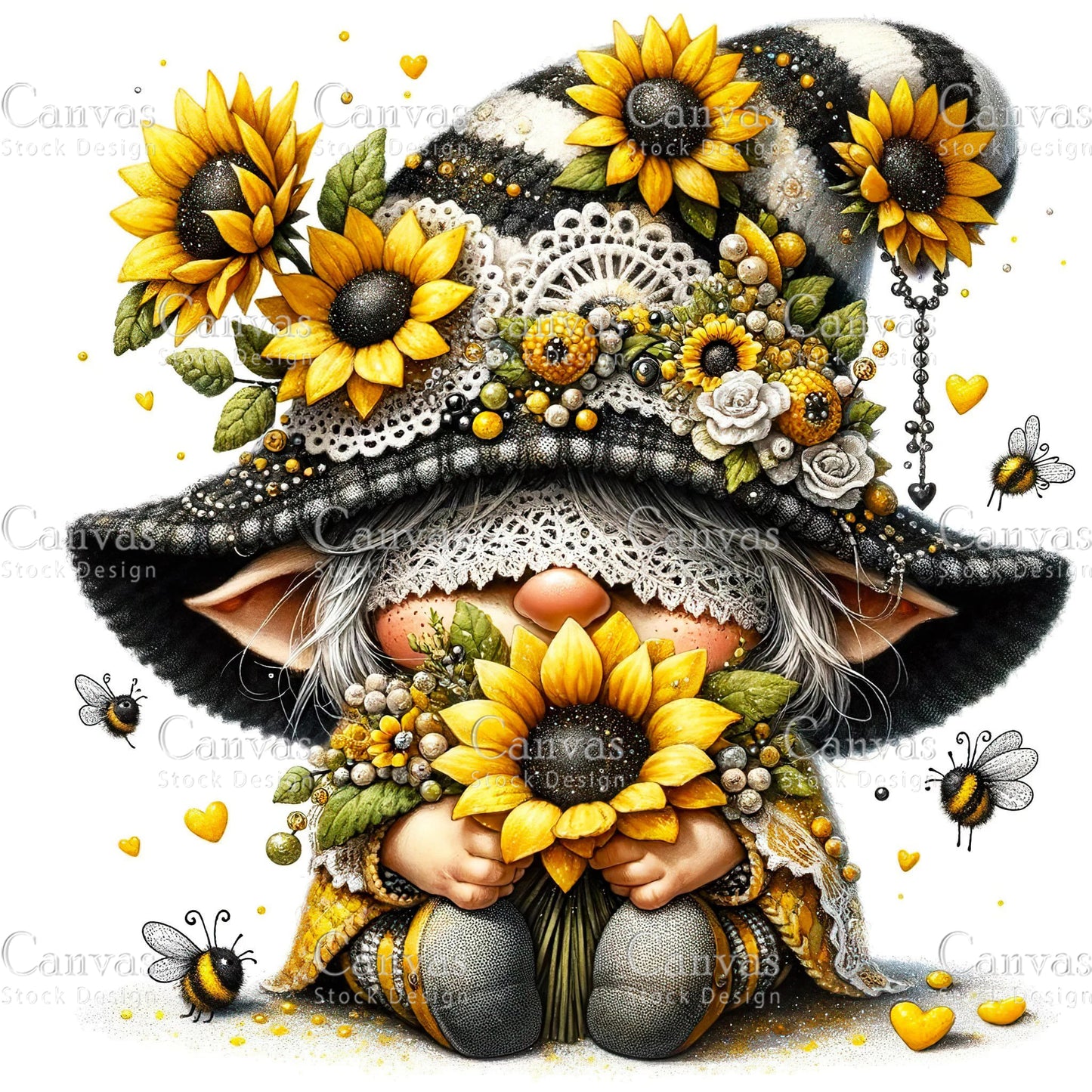 Watercolor Sunflower Gnome, Garden Gnome, Spring Gnome, Summer Gnome, Elf Clipart, Spring Clipart, Fantasy Clipart