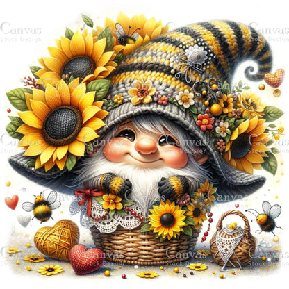 Watercolor Sunflower Gnome, Garden Gnome, Spring Gnome, Summer Gnome, Elf Clipart, Spring Clipart, Fantasy Clipart