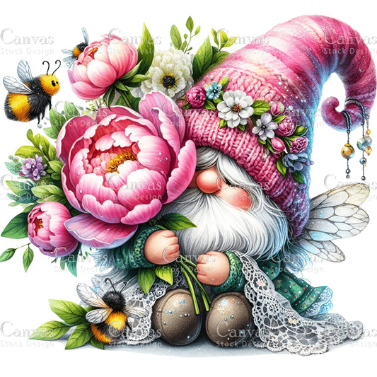 Watercolor Peony Gnome, Garden Gnome, Flower Gnome, Spring Gnome, Summer Gnome, Elf Clipart, Spring Clipart