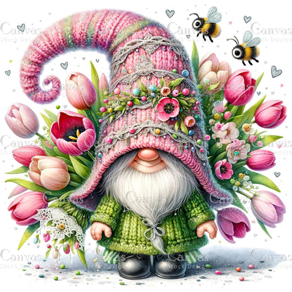 Watercolor Tulip Gnome, Garden Gnome, Flower Gnome, Spring Gnome, Summer Gnome, Elf Clipart, Spring Clipart, Fantasy Clipart