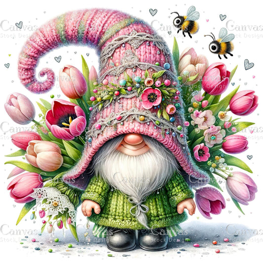 Watercolor Tulip Gnome, Garden Gnome, Flower Gnome, Spring Gnome, Summer Gnome, Elf Clipart, Spring Clipart, Fantasy Clipart