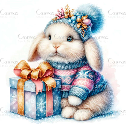 Watercolor Christmas bunny clipart, Cute holiday rabbit illustration, Cozy woodland animal, Merry Christmas card design