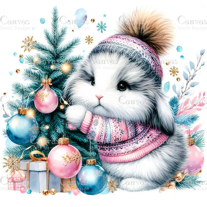 Watercolor Christmas bunny clipart, Cute holiday rabbit illustration, Cozy woodland animal, Merry Christmas card design