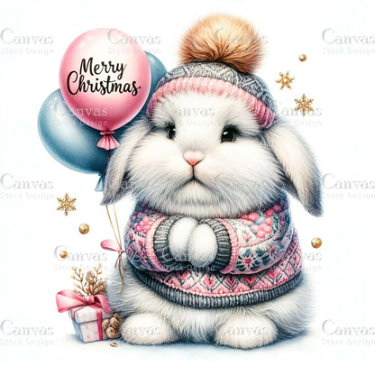 Watercolor Christmas bunny clipart, Cute holiday rabbit illustration, Cozy woodland animal, Merry Christmas card design