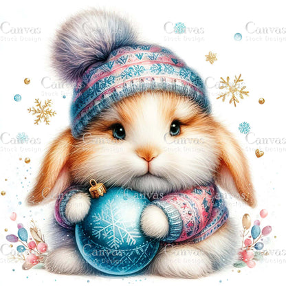 Watercolor Christmas bunny clipart, Cute holiday rabbit illustration, Cozy woodland animal, Merry Christmas card design