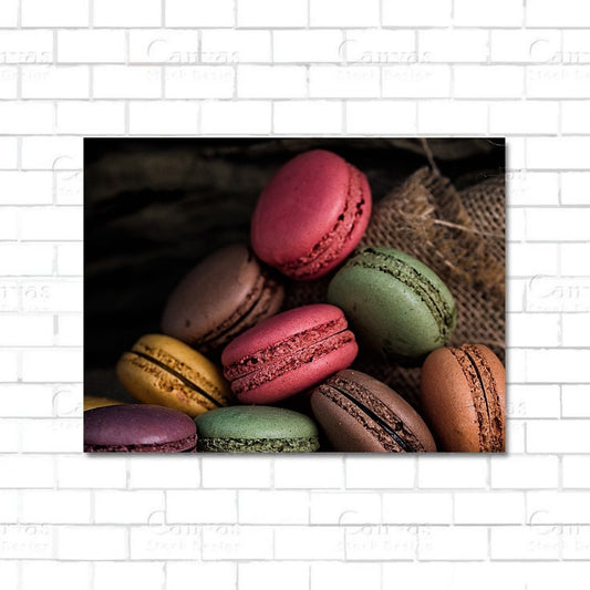 Canvas wall art of colorful French macaroon cookies stacked for dessert kitchen or café decor
