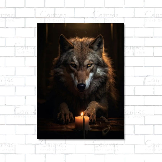 Moody wolf lit by glowing magical candle – mystical canvas wall art for fantasy and spiritual decor
