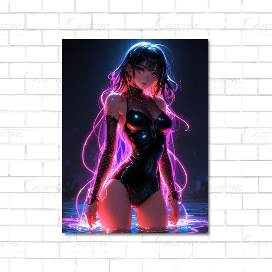 Anime girl with neon glow canvas wall art – cyberpunk-style futuristic artwork