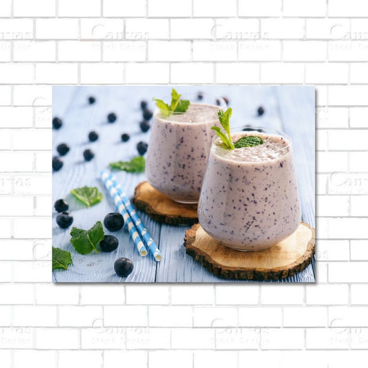 Smoothie glass canvas wall art featuring colorful healthy fruit drinks for kitchen or café decor